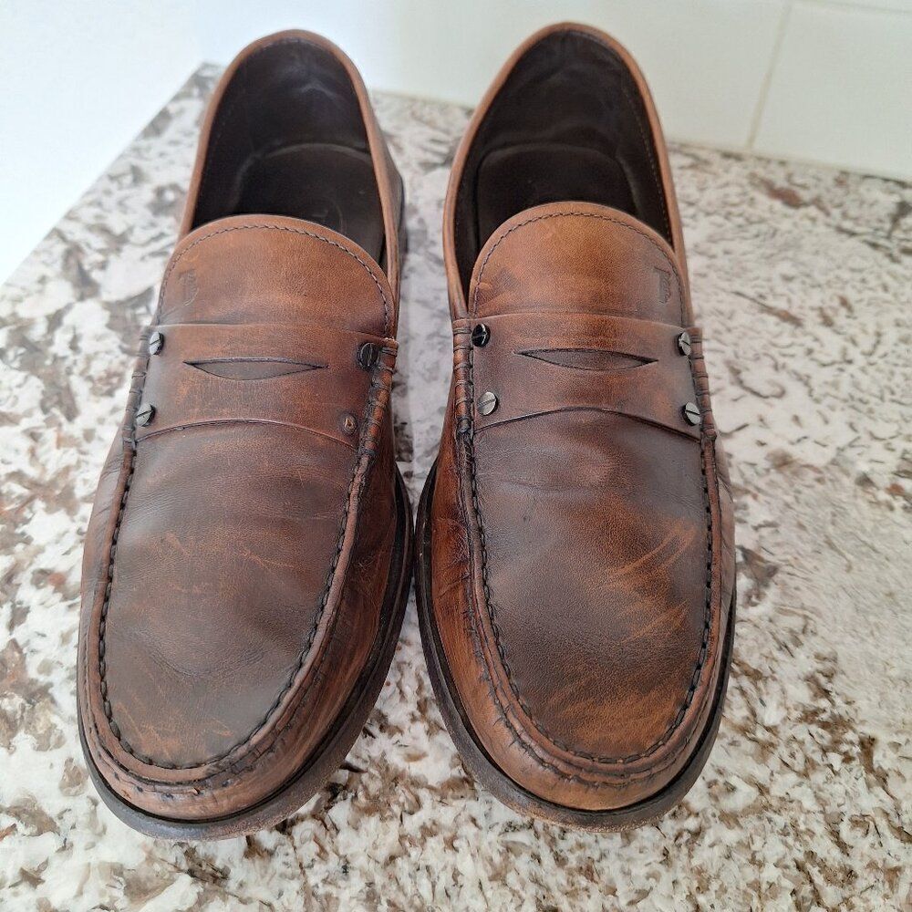 Tod's Men Brown Crisscross Band Leather W Side Bars Classic Penny Loafer Sz 9